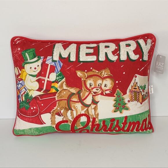 Raz‎ Imports Retro Christmas Pillow Frosty The Snowman Sleigh Reindeer - Picture 12 of 12